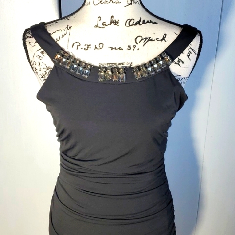 London Times| Black Ruched Rhinestone Mini Dress Elegant Evening Sz.6